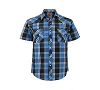 COEVALS CLUB Mens Shirts Short Sleeve Casual Push Button Plaid Suit Regular Fit Western Cowboy Pearl Snap Two Pockets Work Derss Button Up Shirts (Bule Black #4 3XL)