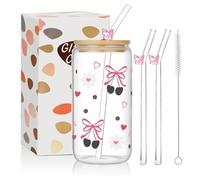 COEWUR Glass Cups with Lids and Straws Set, 16 Oz Pink Heart Bow Iced Coffee Cup Glass Tumbler with Straw and Lid, Aesthetic Iced Latte Glasses and Straw for Ice Bubble Tea Water-Gifts for Women Girl