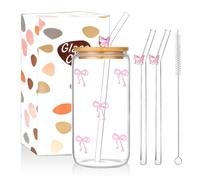 COEWUR Iced Coffee Cup 16 Oz Pink Glasses Tumbler with Straw and Lid, Cute Bow Glass Cups, Glass Drinking Cup with Lid and Straw for Latte Matcha Coquette Bubble Tea Milk,Gifts for Women Girls Friends