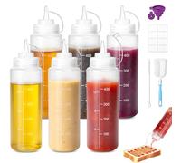 COEWUR Squeeze Bottles, 6Pcs 500ml Plastic Squeezy Sauces Bottles with Nozzles, 16oz Condiment Bottle with Measurements Brush and Label for Sauce Ketchup Salad Syrup Dispenser