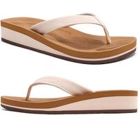 COFACE Leather Flip Flops for Women With Comfortable Arch Support Ladies Fashion Platform Thong Sandals Soft Yoga Mat Sole For Beach/Indoor Outdoor, size 5 Khaki White