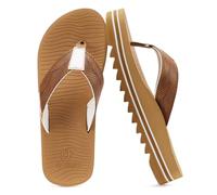 COFACE Mens Arch Support Flip Flops Memory Foam Comfortable Cushion Recovery Walking Leather Thong Sandals Slip On Orthotic Plantar Fasciitis Summer Casual Beach Pool Water Waterproof Khaki Size 10.5