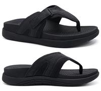 COFACE Mens Flip Flops with Arch Support 2025 Summer Leather Beach Sandals for Men Orthopedic Thick Cuhsion Adjustable Man Flip-flop Outdoor Size 10.5 Black