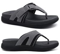 COFACE Mens Flip Flops with Arch Support 2025 Summer Leather Beach Sandals for Men Orthopedic Thick Cuhsion Adjustable Man Flip-flop Outdoor Size 10.5 grey