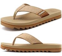 COFACE Men's Flip Flops With Arch Support Comfort Yoga Mat Orthopedic Thong Sandals for Man 2025 Leather Beach Flip-Flop Size 10.5 Beige Non-Slip Soft Cushion Footbed