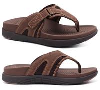 COFACE Mens Flip Flops with Arch Support Leather Beach Sandals for Men Orthopedic Adjustable Man Flip-flop 2025 Outdoor Size 10.5 brown