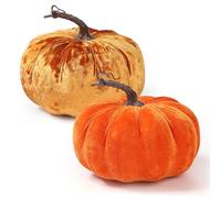 Coferset 2pcs Large Velvet Pumpkins Decor Set,Artificial Fall Pumpkin Decor for Halloween Thanksgiving Harvest Table Centerpieces(Orange&Gold)