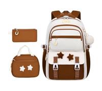 Coffee 3 Piece School Bags for Girls Star Cute Zipper Adjustable Backpack Handbag Pencil Case 3PCS Students Casual Bookbag for Students Textbooks Stationery Wallet Clothing Outdoor Travel