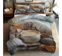 Coffee 3D Printing Double Bedding Set Premium Ultra Soft Microfiber Biscuit Duvet Cover 200x200 and 2 Pillow Cases, with Zipper Closure for Teenage in Bedroom T124