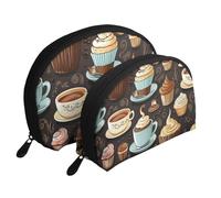 Coffee and Sweets Sugar Chocolate Portable Shell Cosmetic Bag Set - Travel Makeup Organiser with Zipper & Inner Compartments