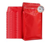 Coffee Bags with Valve (50 PCS,16oz/1lb) Red High Barrier Aluminum Foil Flat Bottom Standing Coffee Beans Storage Packaging Bags, Reusable Heat Seal Side Zipper Pouches for Small Business and Home