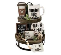 Coffee Bar Decoration Logo Farmhouse Layered Tray Decoration Coffee Wood Logo Mini Coffee Cup Wood Pearl Ring Rural Layered Tray Kitchen Table Decoration Coffee Tier Tray Tier (Light blue, One Size)