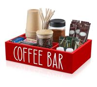 Coffee Bar Organizer for Countertop | Wooden Coffee Station with Removable Dividers - Kitchen Organization for Stirring Sticks Syrup Cups Snacks Home