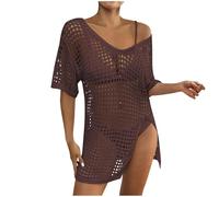 Coffee Beach Coverups for Women UK Long Sleeve Tops Crochet Bikini Cover Ups Side Split Tunic Tops Sexy Mini Dress Summer Pullover Beachwear Hollow Out Crochet Top Swimsuit Cover Ups