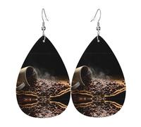 Coffee Beans Print Leather Dangle Earrings for Women - Lightweight Teardrop Fashion Statement Earrings