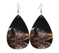Coffee Beans Printed Teardrop Pendant Leather Earrings | Lightweight and Versatile Earrings | Suitable for Daily Commute and Date Wear