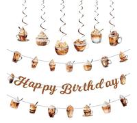 Coffee Birthday Themed Party Decorations - 1pcs Glitter Brown Happy Birthday Banner, 2pcs Latte, Cappuccino & Iced Coffee Theme Banner Bunting Garlands, 6pcs Cappuccino Themed Hanging Swirls(6 styles)