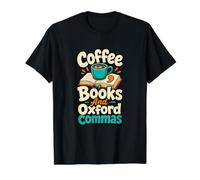 Coffee Books and Oxford Commas Grammar Lover Humor Value Graphic T-Shirt, Men, Black, M