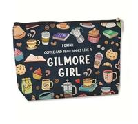 Coffee & Books Themed Cosmetic Bag with Zipper for Women - Durable Rectangular Makeup Pouch Travel Organiser for Toiletries, Essentials & Accessories, Novelty Gilmore Girls Inspired Gift