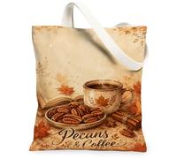 Coffee Canvas Tote Bag, Cozy Rustic Pecans Maple Leaves Fall Brown Small Tote Bags 13x15 Inch, Brown, 13x15 Inch
