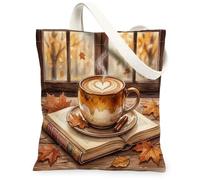 Coffee Canvas Tote Bag for Women, Fall Cozy Leaves Book Fall Brown Washable Reusable Small Tote Bags Ideas for Shopping Tri, Brown, 13x15 Inch
