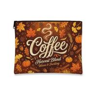 Coffee Canvas with Zipper, Autumn Cozy Pumpkins Leaf Fall Brown Canvas with Zipper Mini Makeup Bag for Travel, Vanity, Bathroom Storage and Purse Organizer, Brown, 7x9 Inch, Autumn