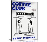 Coffee Club Art Print, Funny Espresso Poster, Blue Kitchen Décor, Café Wall Art Framed Canvas Print, Pictures for Home Walls, Bedroom, Living Room & Bathroom Decor 46x31cm (18x12in)