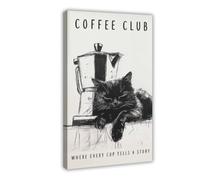 Coffee Club Cat Black Cat Coffee Moka Pot Sketch Minimalist Cafe Kitchen Unframed Feline Canvas Poster Wall Art Decor Print Picture Paintings for Living Room Bedroom Decoration 12" L X 18" W
