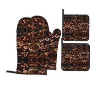 Coffee Collage Oven Mitts And Pot Holders Set â€“ Waterproof Polyester & Insulated Fabric, Heat-Resistant Gloves With Hanging Loops For Kitchen And Outdoor Use