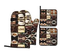 Coffee Collage Oven Mitts And Pot Holders Set â€“ Waterproof Polyester & Insulated Fabric, Heat-Resistant Gloves With Hanging Loops For Kitchen And Outdoor Use