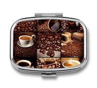 Coffee Collage Pill Box 2 Compartments Portable Travel Pill Case Mini Medicine Organizer for Pocket Purse Metal Waterproof Medicine Container Holder Vitamin Fish Oil
