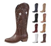 Coffee Cowboy Boots,Ladies Cowgirl Cow Boy Boots for Women Block Heel PU Leather Knee High Cowgirl Boot ,Comfortable and Fashion Pull on Western Pointed Toe Star Embroidered Booties Footwear UK 4.5
