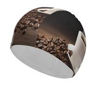 Coffee Cup and Coffee Beans Bathing Cap High Elasticity Swimming Caps Fit Both Long Hair Short Hair Comfortable Large Shower Cap for Drag Reduction and Hair Protection