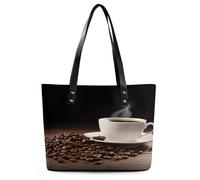 Coffee Cup And Coffee Beans Tote Bag Large Soft Leather Purse with Zipper Lightweight Ladies Shoulder Handbag
