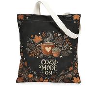 Coffee Cup Canvas Tote Bag, Cozy Rustic Autumn Leaves Hearts Fall Black Small Tote Bag 13x15 Inch, Black, 13x15 Inch