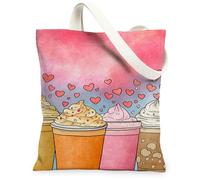 Coffee Cup Canvas Tote Bags, Colorful Drink Pattern Reusable Grocery Bags, Fun Art Lightweight Washable Shoulder Strap Canv, Peach, 13x15 Inch