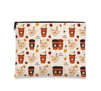 Coffee Cup Canvas with Zipper, Autumn Festive Whipped Cream Maple Leaf Fall Brown Portable with Zipper Mini Makeup Bag for Travel, Purse, Bathroom, Vanity and Daily Storage, Brown, 7x9 Inch, Autumn
