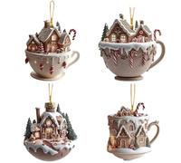 Coffee Cup Christmas Tree Decorations, 4 Pieces Acrylic 2D Snow House Hot Chocolate Mug Christmas Tree Pendant, Coffee Cup Christmas Hanging Ornament for Christmas Tree Holiday P-arty Home Car Decor