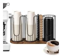 Coffee Cup Holder 4-Section Wood and Metal Vintage Style Stable Base | Plastice Paper Cup Dispenser Straw Storage For Countertop Coffee Station Bar Restaurant Office Breakroom Shop Kitchen