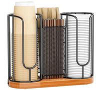 Coffee Cup Holder and Lids - Disposable Straw Organizer with Wood Base - Plastic Paper Cup Dispenser for Countertop, Coffee Station, Bar, Restaurant, Office, Room