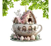 Coffee Cup House Easter Egg Ornaments | 2D Easter Egg Bunny House Mug Decoration | Funny Spring Landscape Acrylic Pendant For Parties Decor