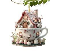 Coffee Cup House Easter Egg Ornaments - Cute, Hand-Painted Ceramic, Spring Holiday Decorations, Perfect For Easter Tree, Home Decor, Unique Coffee-Themed Egg Ornaments For Gift Giving