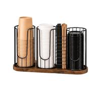 Coffee Cup Organizer, 4 Compartment Tableware Holder With Wooden Base Rack | Four Section Storage Stable Wood Base Open Access Design Keeps Cups Utensils Neatly Arranged For Kitchen Counter Coffee Bar O