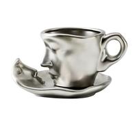 Coffee Cup Saucer for Valentine's Day Kissing Cups Set Ceramic Espresso Coffee Cup Mug Suitable for Home Bar Cafe (Silver)