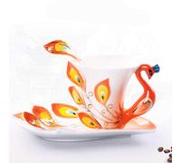 Coffee Cup,Tea Cup and Saucers Creative 3D Hand Crafted Porcelain Enamel Peacock Coffee Cup Set with Saucer and Spoon Present Ceramic Tea Water Cup Dish Gift (Size : 175ml, Color : Orange)