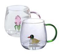 Coffee Cups, Cute Mug with 3D Animal Inside 2PCS 400ml Glass Coffee Cup with Handle 3D Animal Drinking Glasses Cartoon Glass Teacup for Home Office Tea Juice Milk