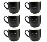 Coffee First - Humorous Ceramic Mug Set 6 with Fun Engraved Phrases, Perfect for Gifting Birthdays, The Office, and Amusing Wishes for Friends. Black 12oz/360ml