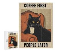 Coffee First, People Later Cat Art Jigsaw Puzzle, 500 PCS, Indoor Activity for The Home, A Relaxing Challenge for Adult Puzzle Enthusiasts