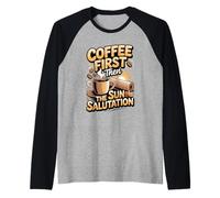 Coffee First Then the Sun Salutation Yoga Instructor Raglan Baseball Tee