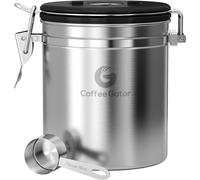 Coffee Gator Coffee Canister Airtight 1300 mL, Stainless Steel Kitchen Food Storage Container with Date Tracker, CO2 Valve, Scoop for Grounds Coffee,
